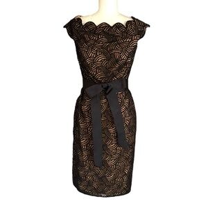Tadashi Shoji Black & Nude Tan Embroidered Ribbon Bow Tie Waist Mini Dress - 6